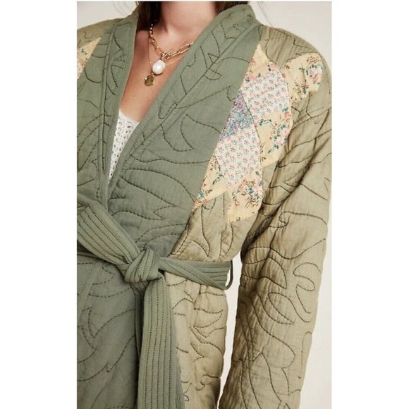 Anthropologie Quilted Patchwork Kimono Jacket Moss Green Sz Large NEW LP Petite - Picture 4 of 13